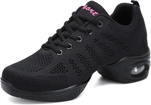 Scarpe da Ballo Femminile Adulto Adulto Quattro Stagioni in Stile Maglia Cuscino d'Aria Traspirante Morbido Fondo Moda Sport Tempo Libero Jazz Hip Hop Quadrata Danza Moderna Danza(36, Nero)