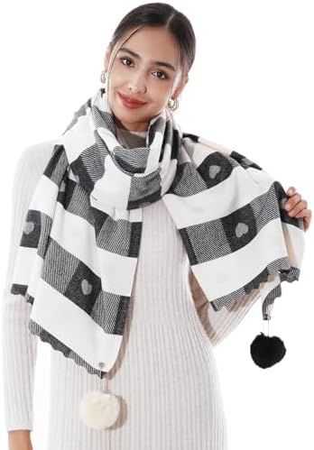 RIIQIICHY Plaid Scarf Pashmina Shawl Wrap for Women Long Large Winter Warm Thick Scarves With Fur Pompom Ball