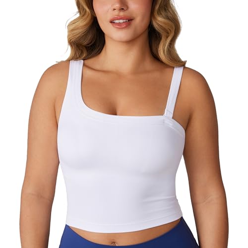 Image of UNISSU Hugcurve Detachable Shoulder Strap Longline Sports Bra for Women One Shoulder Workout Tank Crop Tops Built in Bra