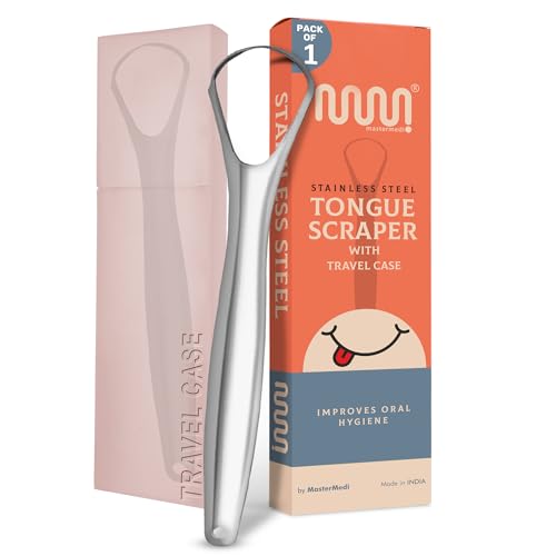 MasterMedi Tongue Scraper for Adults, 100% Stainless Steel Tongue Scrubber for Bad Breath, Easy to Use, Tongue Cleaner for Oral Care & Hygiene (SPTC-1|with Case)