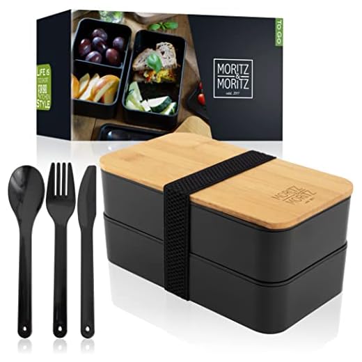 Moritz & Moritz Bento Box Nero - Lunch Box da Porta Pranzo perfetta per Adulti e Bambini - Portapranzo con Posate - Lunchbox con Scomparti ideale per il Lavoro, la Scuola e in Viaggio