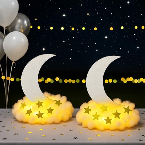 Image of Wonderjune 9 Sets Twinkle Twinkle Little Star Table Centerpieces DIY Moon Stars Baby Shower Decorations Light Star Cloud Decor for Baby Shower Birthday Party DIY Crafts (Glitter Silver)