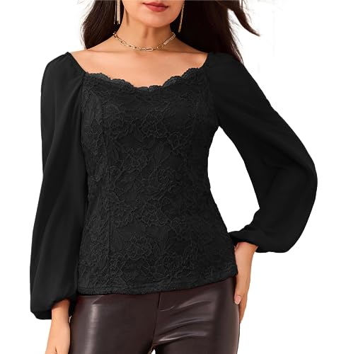 GRACE KARIN Damen Langarm Bluse V-Ausschnitt Spitzen Tshirt Tunika...