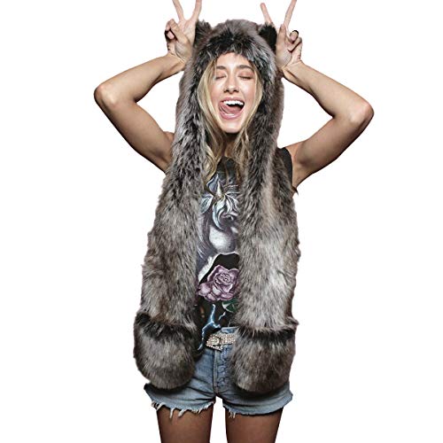 PowerKing Plush Novelty Animal Hat, 3-in-1 Faux Fur Hood Winter Warmer Cap and Stylish Full Animal Hat (Grey Wolf)