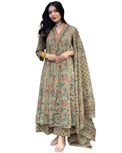 Image of GoSriKi Women's Rayon Viscose Anarkali Printed Kurta with Palazzo & Dupatta