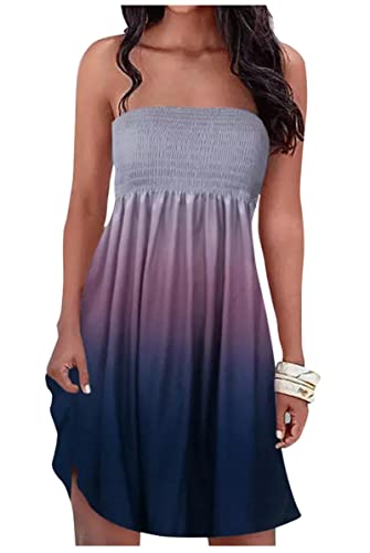 Image of Summer Dress for Women Beach Floral Cover Ups Spaghetti Strap Sundress Smocked Strapless A-Line Mini Dresses