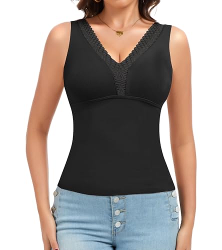 Thermal Tank Top Women V Neck Lace Camisole with Built in Bra Vest Sleeveless Undershirts Black