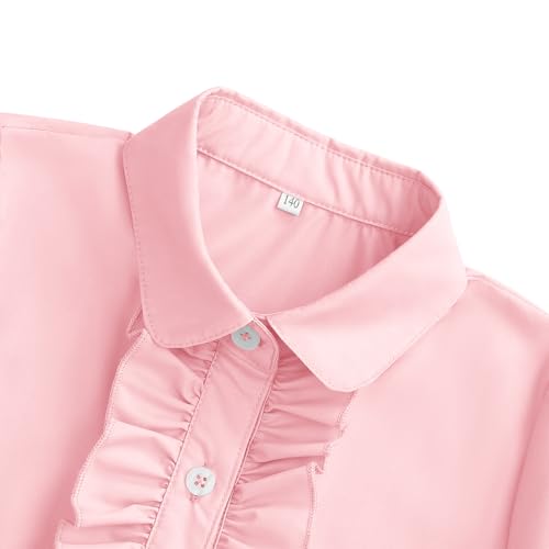 Image of Girls Short Sleeve Button Down Shirts Ruffle School Uniform Crop Tops Peter Pan Collar Plaid Blouse 4-13Y