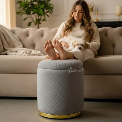 Image of Premium Round Storage Ottoman Stool 13 X 13X 16 inch, with Gold Metal Base | Luxury Pouffe with Hidden Storage | Cushioned Footrest for Living Room, Bedroom & Lounge Grey