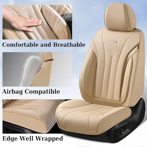 Image of Coverado Car Seat Covers, Front Seat Covers for Cars, 2 Pack Beige Leather Seat Covers, Universal Seat Covers Front Seat, Automotive Seat Covers Waterproof Car Seat Protector Fit for Most Vehicles