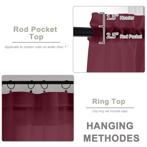 Image of OWENIE Sheer Curtains 84 Inches Long 2 Panels Set, Burgundy Sheer Curtain for Living Room Bedroom, Modern Filmy Rod Pocket Curtains Drapes, 2 Pcs, Each 59 W x 84L, Burgundy
