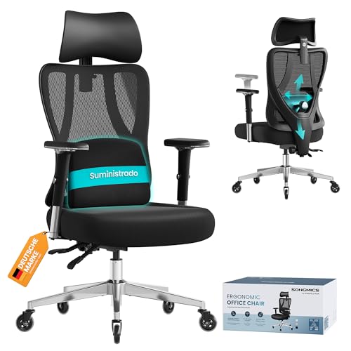 SONGMICS Silla de Oficina Ergonómica, Silla de Escritorio Gaming, Soporte Lumbar y Reposacabezas Ajustables, Reposabrazos, para Distintas Alturas, Carga 150 kg, Negro Tinta OBN067BH01