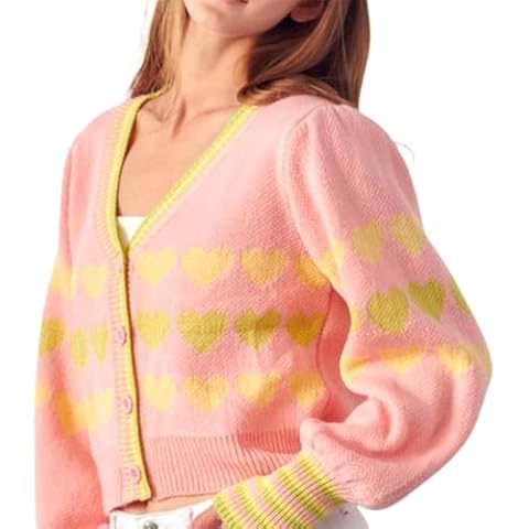 Women's Cute Heart Cardigan Sweaters Love Print Valentine's Day Sweater Button Up Front Cropped Knit Top (Striped Heart Pink, L) Cover