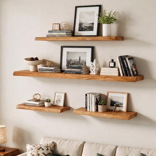 Image of Live Edge Elm Floating Shelves - 24 In Rustic Solid Wood Shelves with Heavy-Duty Invisible Bracket, Wall-Mounted Wooden Shelf for Living Room, Bathroom, Kitchen Storage & Display, Set of 2, Natural