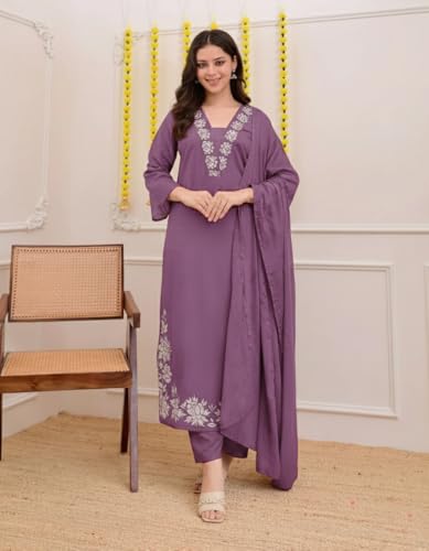 Image of ANNI Designer Pure Cotton Embroidered Kurta Set for Women | Rust Orange Kurta with Pants & Dupatta | Floral Neck & Hem Embroidery | Cotton Kurta Set for Women | 10 Colour Options Available