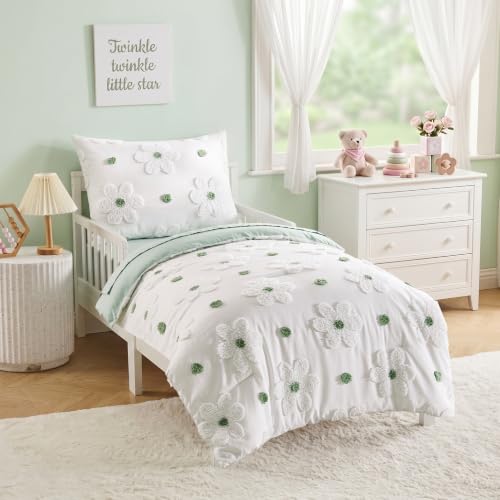 Image of Toddler Bedding Set for Girls 4-Piece Sage Green Boho Tufted Daisy Flowers Toddler Comforter Set Bed-in-a-Bag Toddler Sheets Bedroom Set with Toddler Comforter, Flat Sheet, Fitted Sheet, Pillowcase
