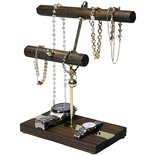 MyGift Moderner Schmuckständer aus gebranntem Holz mit 2 T-Stangen für Schmuck und Halsketten mit Messing-Ton in der Mitte und Inlay-Design Cover
