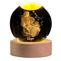 QIANCHANG 3D Laser Etched Virgo Crystal Ball with LED Light Stand, Constellation Decor Glass Sphere Lamp, Zodiac Astrology Birthday Gifts for Women Kids