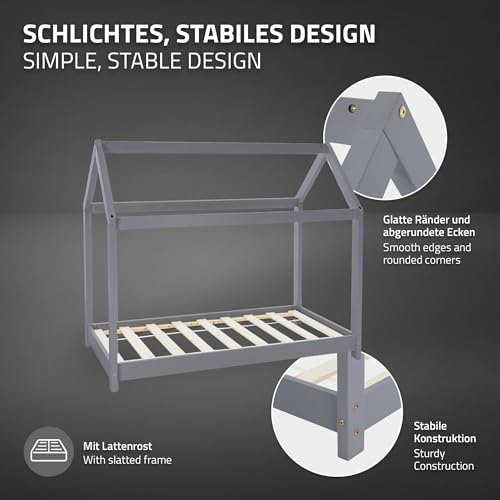 ML-Design Cama Infantil Casa Gris Claro 70x140 cm de Madera de Pino + Colchón de Espuma Fría 10cm, Techo y Somier de Listones, Cuna de Suelo Maciza Casita de Juego Juvenil Mobiliario para Niño y Bebé - imagen 5