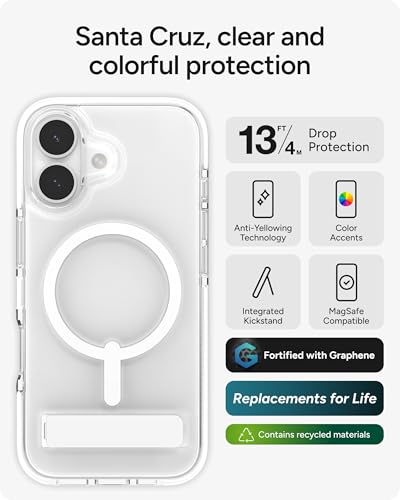 Image of ZAGG Santa Cruz Snap Case with Kickstand for iPhone 17 - White, Drop Protection (13ft /4m), MagSafe Charging Compatible, ClearGuard Anti-Yellowing Technology, Scratch Resistant Phone Case