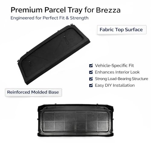 Image of Premium Parcel Tray for Maruti Suzuki Brezza Rear Parcel Shelf Board with Fabric Top Surface Reinforced Molded Base Strong Load Bearing Easy DIY Installation Vehicle Specific Fit Black