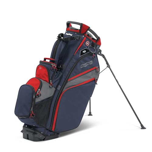 Bag Boy Chiller Pro Hybrid Golf Stand Bag, 15 Way Top with Full Length Individual Dividers, Rubberized Putter Well, Removable Cooler, 8 Zippered Pockets, Navy/Red/Charcoal