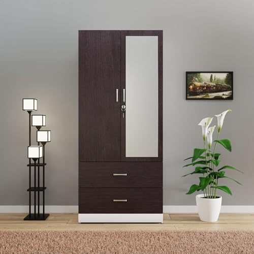 Image of VIKI Wardrobe | Wooden Almirah for Clothes,Door for Bedroom, 2 Door Wardrobe with Drawer, Mirror & Hanging Space (White & Wenge - 40D x 80W x 180H) | 1 Year Warranty | Free Assembly