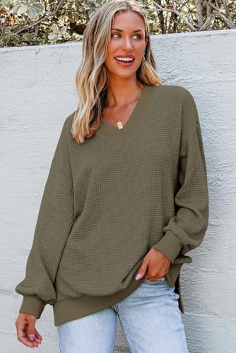 Dokotoo Women's V Neck Long Sleeve Waffle Knit Tops Off Shoulder Oversized Pullover Sweater2