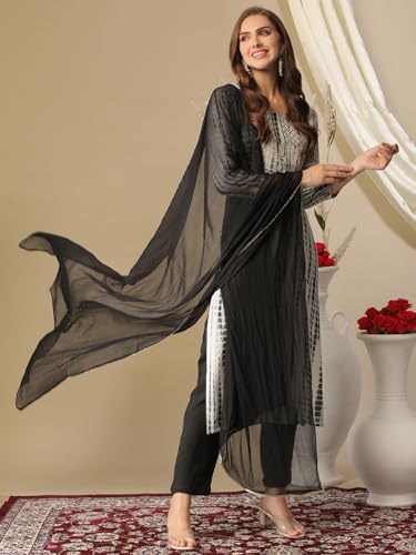 Image of GoSriKi Women's Rayon Blend Straight Printed Kurta with Pant & Dupatta