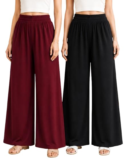 leggfine Palazzo for Womens| Stylish Plazo Pant for Women Kurti Women's and Girls Cotton Reyon Regular Fit Palazzo Pants Pack Off 2 (Black & Maroon)-picture-15