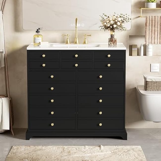 Bathroom Vanity Set, 36 Bathroom Vanity with Resin Sink Combo, Solid Wood Frame Bathroom Storage Cabinet with 5 Drawers & Soft Closing Doors, MDF Boards, Gold Metal Knobs