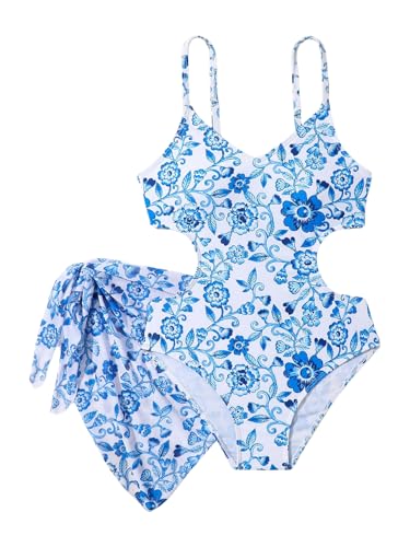 Milumia Girl's Floral Print Cut Out Spaghetti Strap One Piece Swimsuit with Beach Skirt