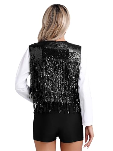 Choomomo Womens Sequin Sleeveless Vest V Neck Open Front Glitter Tassel Waistcoat Rave Dance Vest Coat2