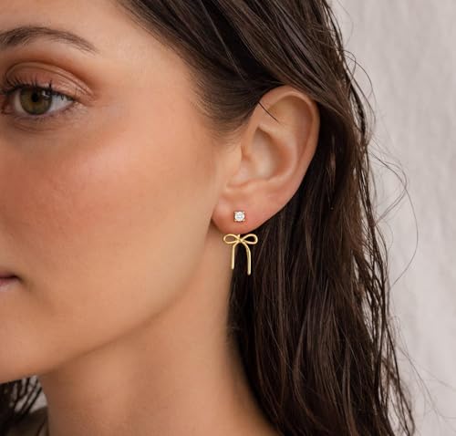 Gold Plated Bow Earrings for Women, Dainty Rhinestone Stud, Cute Pearl Earring Jackets, Hypoallergenic Earrings for Sensitive Ears3