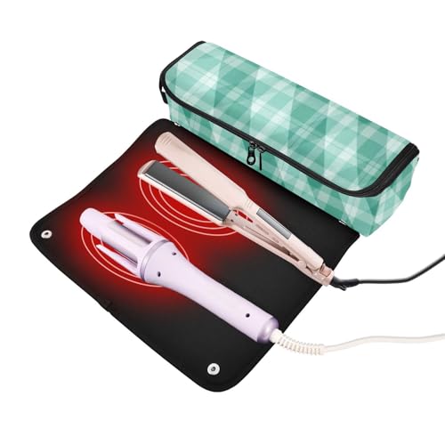 Bolsa de viaje para herramientas de cabello y tapete resistente al calor impermeable con patrón de cuadros verdes y blancos para planchas, rizadores y secadoras miniatura 2