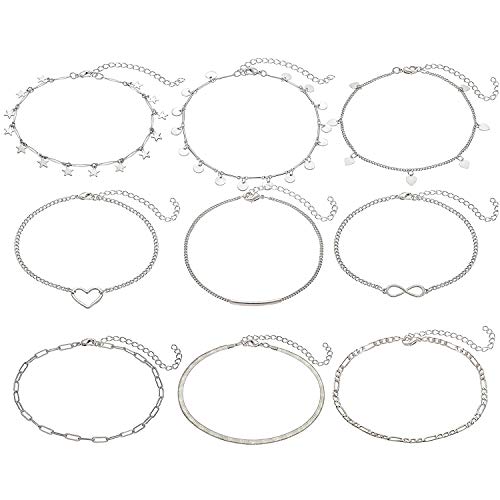 Anklets For Woman Minimalist Layering Chain Anklets Set Heart Lightning Bolt Star Moon Ankle Bracelet Boho Adjustable Summer Beach Foot Jewelry (D: 9pack silver)