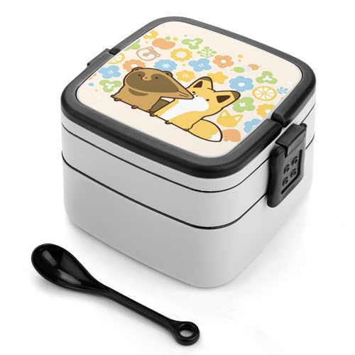 弁当箱 タヌキとキツネ ランチボックス 二段 お弁当箱 おべんとう箱 ランチケース 大人用 子供用 学生 仕事 通勤 1000ml