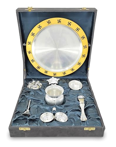 Image of BENGALEN Pooja Thali Set Gold Plated with Grey Gift Box Designed Puja Plate Kalash Bowl Haldi Kumkum Stand Ghanti Dhup Dan Palli Diya for Home Office Diwali Wedding Return Gifts