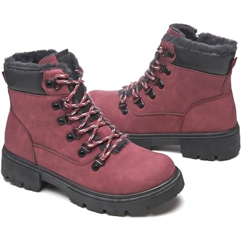 HEAWISH Women Winter Snow Boots with Fur Lined,Black Low heels Combat Ankle Boots,Non Slip Leather Ankle Boots for Women(Rose Pink,US7) Cover