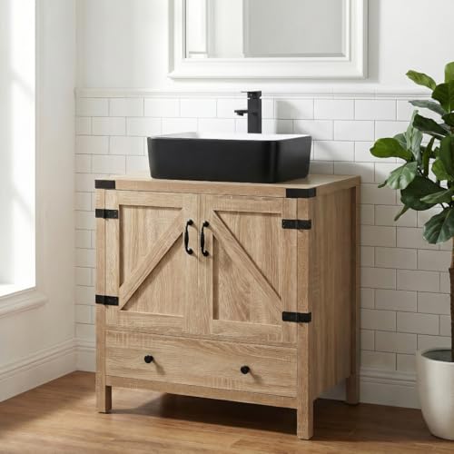 SOLIDEE 28 inch Natural Color Bathroom Vanity, Rustic Fixture Standing