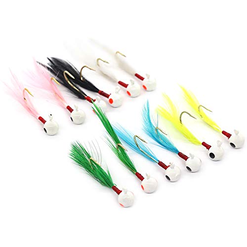 YZD 12 Piece Crappie jig Head Fishing Lure Hook with Feather Fly Fishing Panfish Sunfish Hair Jig Bait 1/16oz (6 Color Mix) - Thumbnail 6