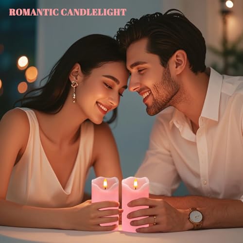 Image of VEEKI Flameless Candles Light, Set of 2 6 inchx3 inch Flickering LED Candle with Remote & Timer, Dimmable Electric Pillar Candles Battery Operated, Pink Candles for Valentine's Day Xmas Home Decor (2PC)