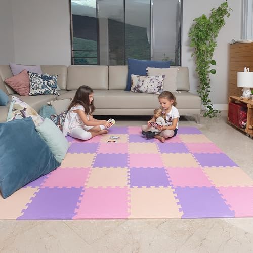 Image of MioTetto Foam Floor Tiles for Kids - Non-Toxic Comfortable Baby Play Mat and Interlocking Foam Tiles, Fits with 74x74 Playpen Mat for Crawling & Development, Soft Play Mat for Babies 6-12 Months