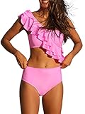 Hilinker Women's One Shoulder Ruffle High Waist Bikini Swimsuit 2 Piece Bathing Suit Hot Pink Large