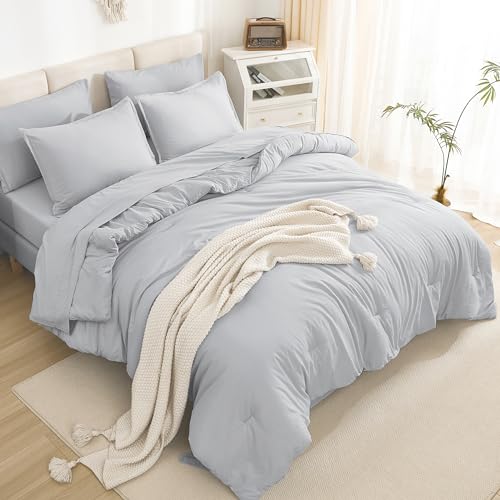Litanika King Size Comforter Set Light Grey - 7 Pieces Bed in a Bag King Bedding Comforter Sets, Solid Lightweight Bed Set with Comforter, Sheets, Pillowcases & Shams