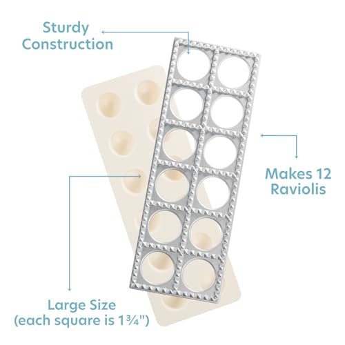 Image of Ravioli Mold with Extra Large 1 3 /4 inch Squares- Authentic Ravioli Tray and Press Makes 12 Italian Raviolis at a Once | XL 1 3 /4 Inch Squares, Easy to Use Pasta Maker Kit, Durable Sturdy Construction & Great Gift, Easy Homemade Italian Cooking