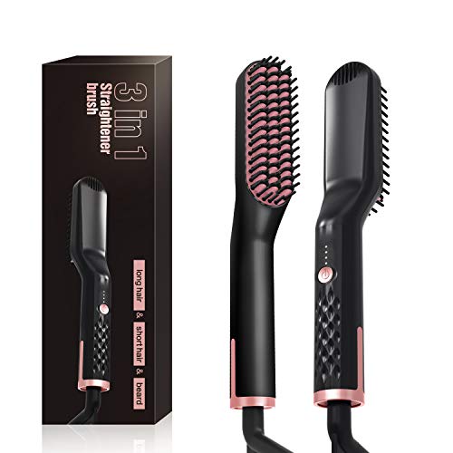 Hair and Beard Straightener Brush, JUMPHIGH Multifunctional Hair Straightening Brush Electric Beard Comb, Quick Ceramic Hair Hot Comb for Men Women, Adjustable Temperature, Anti-scald, Auto-shutoff