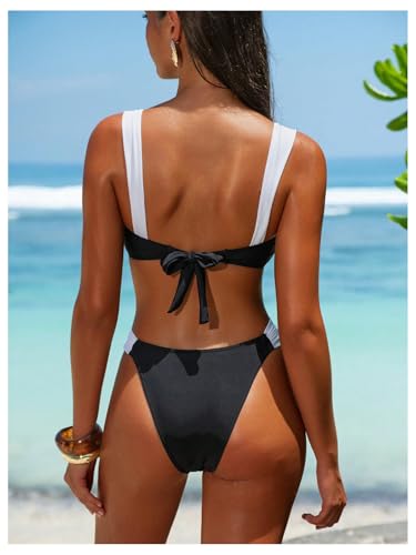 Women's 2 Piece Color Block Bathing Suit Metal Tie Back Cheeky Bikini Sets Summer Swimsuit2