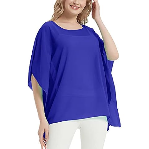 CuteSwan Womens Bohemian Floral Chiffon Batwing Semi Sheer Blouse Tunic Tops Beach Cover Up T-Shirt Blue Cover