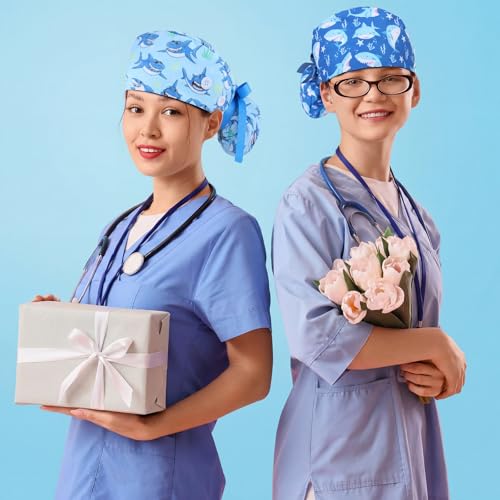 Image of 6 Pcs Scrub Caps for Women Doctor Nursing Hats with Buttons Adjustable Tie Back Working Cap Bouffant Scrub Hats for Women Men